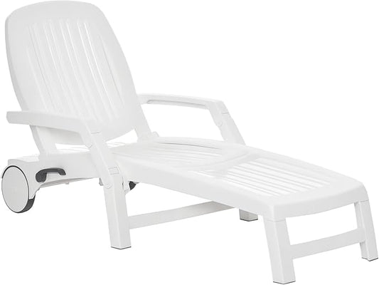 Outsunny Outdoor Chaise Lounge Chair on Wheels with Storage Box, Waterproof Lounger with Quick Assembly, Folding Design, 5 Level Adjustable Backrest for Pool, Beach, Patio, Garden, White