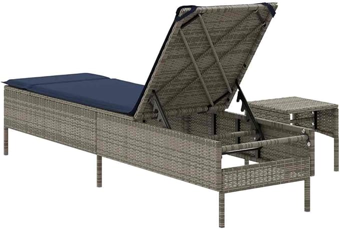 Outdoor Chaise Lounge Grey PE Rattan Patio Sun Lounger 30.7x8.5x15in Adjustable Backrest Removable Cushion for Poolside - Photo 6