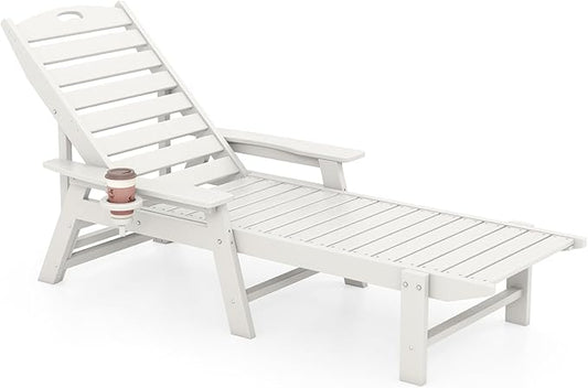 Giantex Lounge Chair Outdoor, Oversized Chaise Lounge Chair with 4-Position Backrest, Rotatory Cup Holder, Weatherproof HDPE Patio Lounge Chair for Outside Garden Deck Poolside Backyard, White (1)
