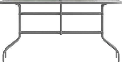 Flash Furniture Tory 31.5" x 55" Rectangular Tempered Glass Metal Table with Umbrella Hole, Silver