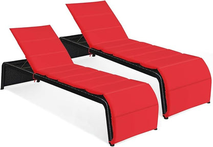 Tangkula Outdoor Chaise Lounge Chair, 5-Position Adjustable Rattan Recliner Chair w/Cushioned Seating and Adjustable Feet, Multifunctional Couch Furniture for Garden, Patio, Poolside (2, Red)