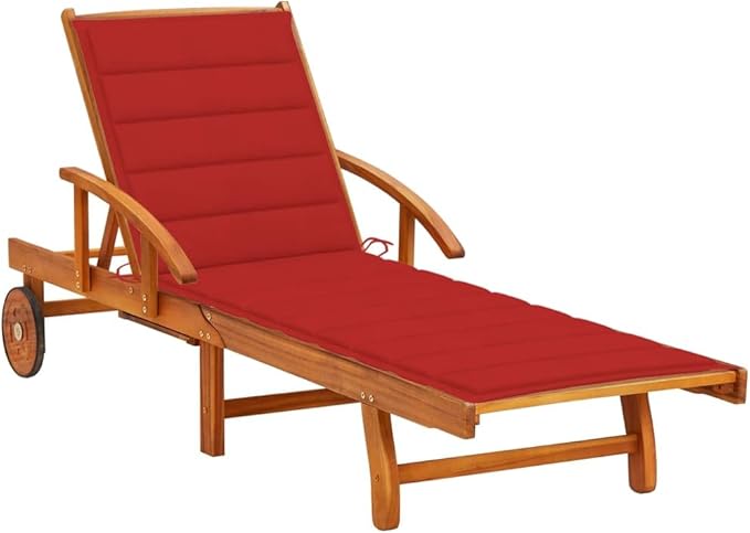Red Acacia Wood Adjustable Chaise Lounge with Wheels & Cushion, 78.7"x23.6"x33.5", Outdoor Patio Recliner - Photo 1