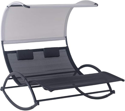Crestlive Products Outdoor Double Chaise Lounge Chair Swing Rocking Portable Hammock Bed Loveseat with Sun Shade & Wheels for Patio, Yard, Pool (Black)