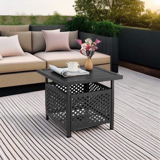 AECOJOY Black Metal Patio Table with Umbrella Hole, Outdoor Side End Table with Umbrella Hole, Small Outdoor Side End Coffe Table for Patio Deals, Pool Deck Umbrella Base Stand