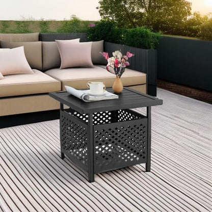 AECOJOY Black Metal Patio Table with Umbrella Hole, Outdoor Side End Table with Umbrella Hole, Small Outdoor Side End Coffe Table for Patio Deals, Pool Deck Umbrella Base Stand