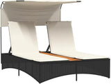 Outdoor Double Sun Lounger with Canopy 62"x21" Adjustable PE Rattan Black Pool Chaise Lounge Chair for Patio Garden - Photo 1