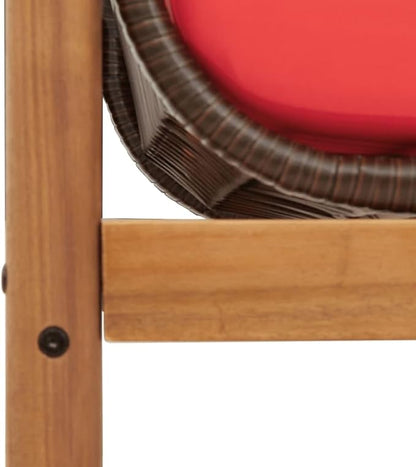 Brown and Red PE Rattan Patio Bench with Removable Cushion Covers, Modern Outdoor Furniture for Garden Balcony, Acacia Wood Frame and Steel Construction, Easy Assembly,