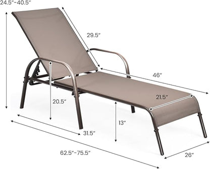 Giantex Patio Lounge Chair, Outdoor Chaise Lounge with 5 Adjustable Backrest, Sturdy Metal Frame, Sunbathing Recliner, Tanning Chairs for Outside, Beach, Yard, Balcony, Poolside, Brown