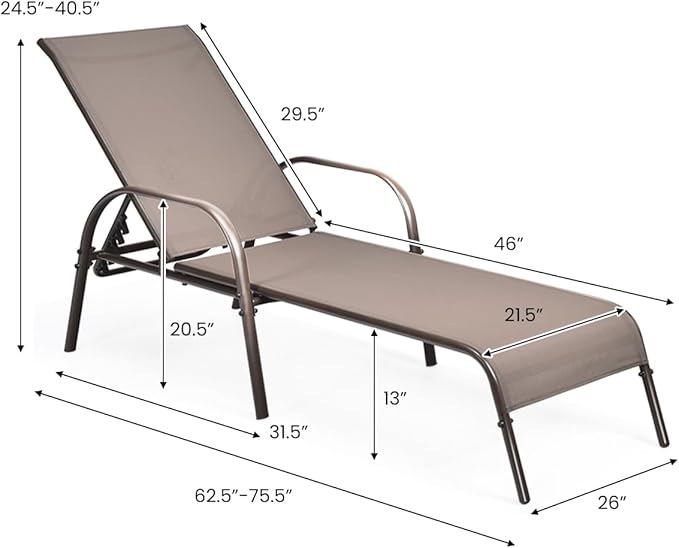 Giantex 2 Pack Patio Lounge Chair, Outdoor Chaise Lounge with 5 Adjustable Backrest, Sturdy Steel Frame - Photo 2