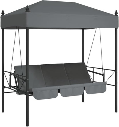 Outdoor Garden Swing Bench with Canopy and Cushions, 3-Seater Patio Swing Bed, Durable Powder-Coated Steel Frame, Dark Grey, 75 Inch Wide