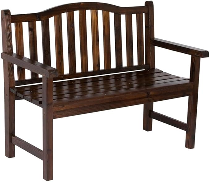 Pemberly Row Traditional Cedar Wood Patio Porch Bench, Brown Finish, 36"H x 22"W x 44.75"D, Kiln-Dried Moisture-Resistant Material, Indoor/Outdoor Use, Arched Back Design for Backyard or Front Porch