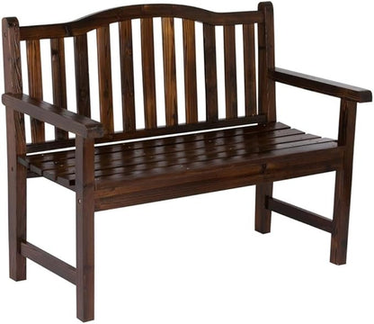 Pemberly Row Traditional Cedar Wood Patio Porch Bench, Brown Finish, 36"H x 22"W x 44.75"D, Kiln-Dried Moisture-Resistant Material, Indoor/Outdoor Use, Arched Back Design for Backyard or Front Porch