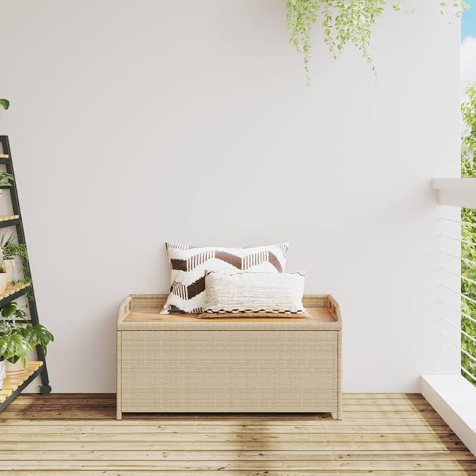Acacia Wood and Poly Rattan Storage Bench with Waterproof Bag, 39.4 Inch Long Mix Beige and Brown Outdoor Seating for Patio Garden Entryway, Durable Weather-Resistant Modern