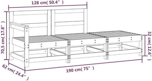 Outdoor Modular Lounge Sofa, Large Solid Pine Wood Garden Patio Middle Seat, Rustic White Finish, 3-Person Modular Seating for Balcony, Porch, and Terrace