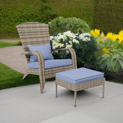 Outsunny Patio Wicker Adirondack Chair with Ottoman, Outdoor Fire Pit Chair with Cushions, High-Back, Large Seat & Armrests for Deck, Garden & Backyard, Gray