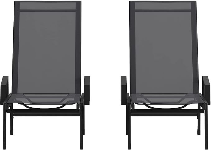 Flash Furniture Brazos Set of 2 Adjustable Chaise Lounge Chairs with Arms, All-Weather Outdoor Five-Position Recliners, Black/Black