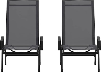Flash Furniture Brazos Set of 2 Adjustable Chaise Lounge Chairs with Arms, All-Weather Outdoor Five-Position Recliners, Black/Black