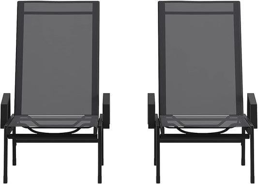 Flash Furniture Brazos Set of 2 Adjustable Chaise Lounge Chairs with Arms, All-Weather Outdoor Five-Position Recliners, Black/Black