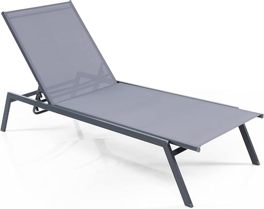 Giantex Patio Chaise Lounge Chair - Sunbathing Chair with Lay Flat Position, 6 Adjustable Positions, Outdoor Reclining Chair with Quick-Drying Fabric for Patio Poolside Backyard (1, Gray)