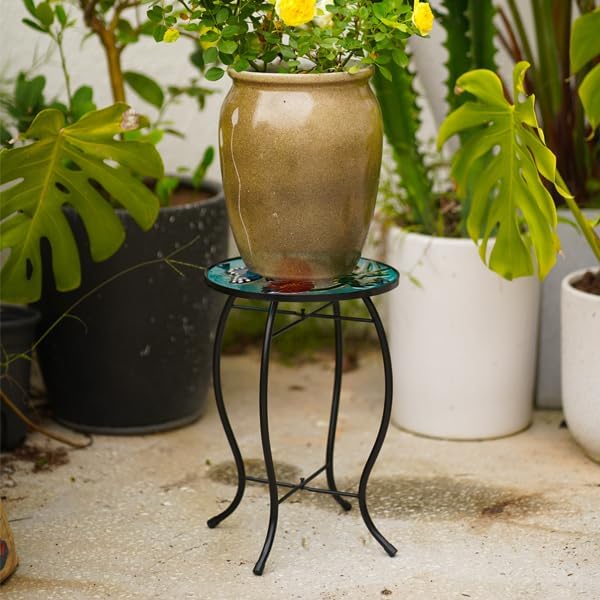 13.5 Inch Round Butterfly Glass Side Table, Patio Small Table, Outdoor Side Table, Outdoor Bar Table - Photo 2