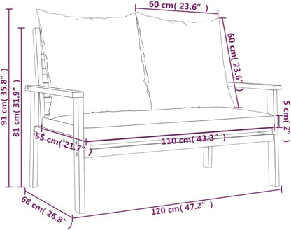 Dark Grey Solid Acacia Wood Garden Sofa Bench 47.2 Inch Long Outdoor Patio Seating with Cushion Modern Design Durable Construction Weather Resistant Comfortable Lounge