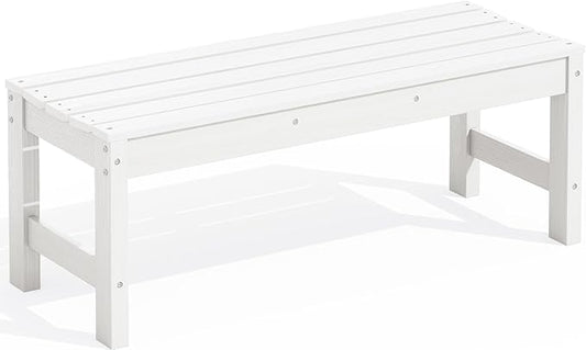 SERWALL 47 Inches Outdoor Bench, All Weather HDPE Backless Bench with Wood Grain Texture for Garden Porch and Park, Curved Bench Seat for Comfort, White