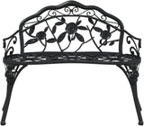 Traditional Cast Iron Garden Bench with Decorative Floral Inlays, 2-Person Outdoor Seating, Black Matte Finish - Photo 4
