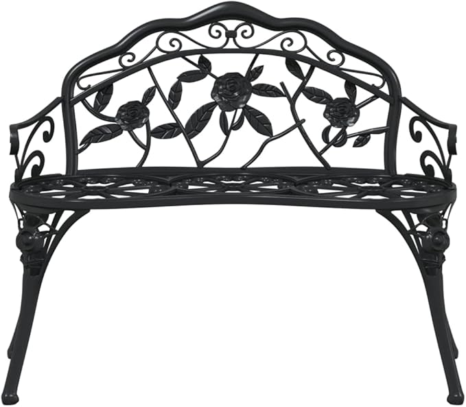 Traditional Cast Iron Garden Bench with Decorative Floral Inlays, 2-Person Outdoor Seating, Sturdy Black Matte Finish for Patio, Park, or Lawn