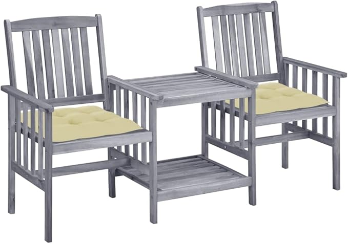 vidaXL Solid Acacia Wood Patio Chair Set with Tea Table and Cushions - Gray/Cream