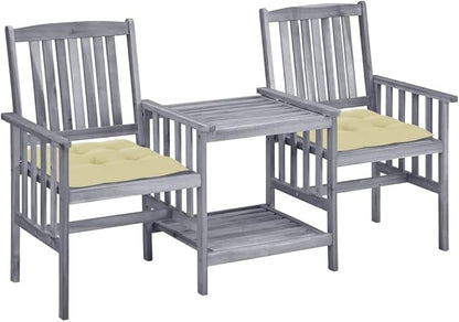 vidaXL Solid Acacia Wood Patio Chair Set with Tea Table and Cushions - Gray/Cream