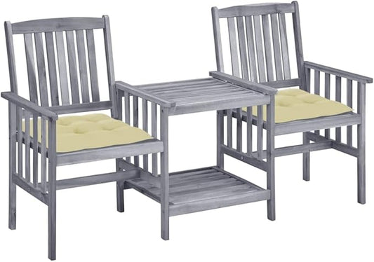 vidaXL Solid Acacia Wood Patio Chair Set with Tea Table and Cushions - Gray/Cream