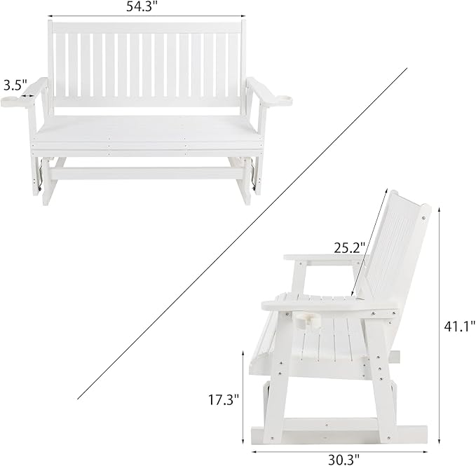 HIPS Patio Glider with Cup Holders, Durable Poly Lumber Material, All-Weather Resistant, High Backrest and Deep Contoured Seat, Heavy Duty 900 LB, for Outdoor, Porch, Patio (Ivory White, 3-Seat)