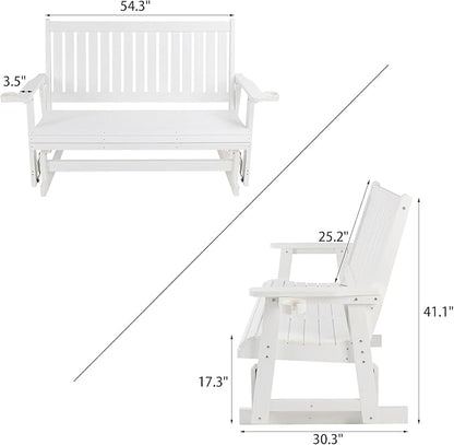 HIPS Patio Glider with Cup Holders, Durable Poly Lumber Material, All-Weather Resistant, High Backrest and Deep Contoured Seat, Heavy Duty 900 LB, for Outdoor, Porch, Patio (Ivory White, 3-Seat)