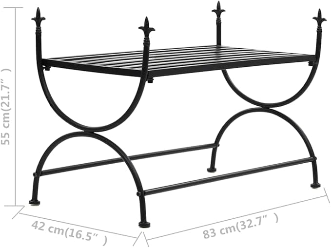 Vintage Black Metal Garden Bench with Decorative Inlays, Durable Wrought Iron Construction for Indoor and Outdoor Seating, Spacious Rectangular Design, Classic Style Patio