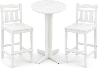 3-Piece Outdoor Bar Set, HDPE Adirondack Bar Height Chairs Set of 2 and Round Bar Table, All Weather Patio Bistro Set for Balcony, Poolside, Backyard (White)