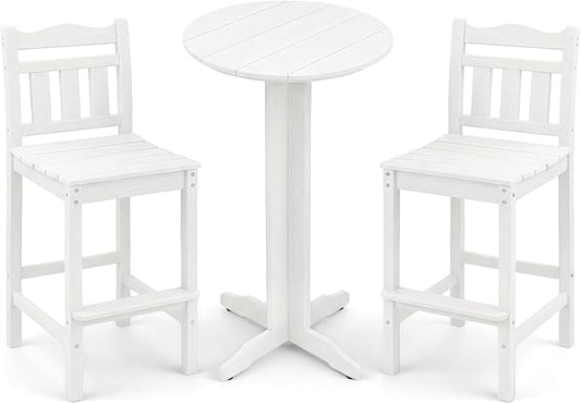 3-Piece Outdoor Bar Set, HDPE Adirondack Bar Height Chairs Set of 2 and Round Bar Table, All Weather Patio Bistro Set for Balcony, Poolside, Backyard (White)