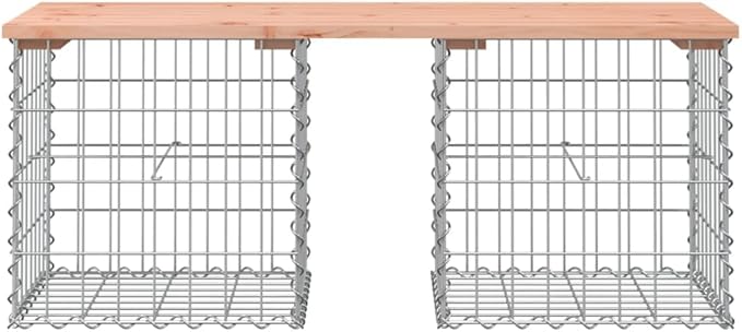 Garden Bench in Wood Color and Silver Solid Douglas Wood with Galvanized Steel Frame, 2-Person Outdoor Seating with Rustic Gabion Design for Patio Backyard, Durable Weather