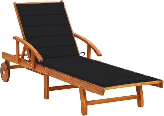 Black Acacia Sunlounger with Wheels 23.6"x78.7"x33.5" Adjustable Reclining Outdoor Chaise Lounge Modern Patio Poolside - Photo 1
