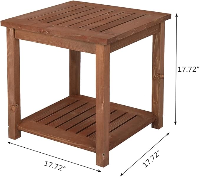 Outdoor Wooden Side Table with 2 Layer Storage, Patio Coffee End Tables, All Weather for Patio, Backyard, Pool, Indoor Use