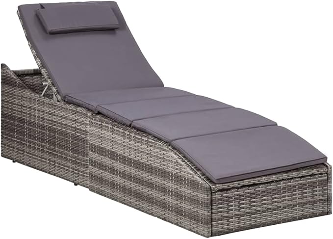 Outdoor Chaise Lounge Folding Grey Rattan Recliner 24.4 x 75.6 x 37.4 in Weather-Resistant Sun Lounger with Dark Grey - Photo 1