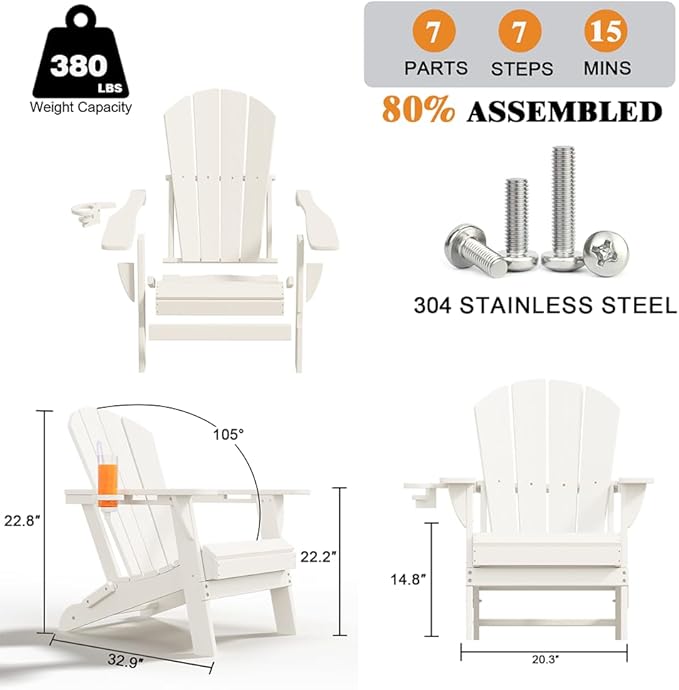 Folding Adirondack Chairs with Cup Holders, Set of 4 HDPE Plastic Outdoor Chairs, Weather Resistant, Real Wood Look - Photo 2