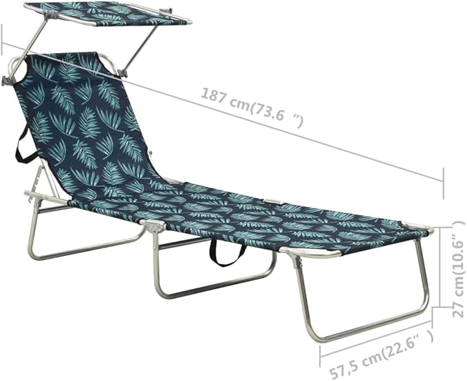 Folding Sun Lounger, 73.6" Leaf-Print Outdoor Chaise Lounge, Powder-Coated Aluminum Frame, 3-Position Reclining Beach Chair for Patio, Poolside & Garden Use