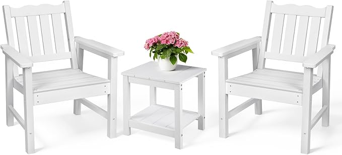 Stoog 3 Piece Patio Dining Sets, All-Weather Patio Chairs with Curved Backrest, Include 2 Garden Chairs and 1 Side Table, White
