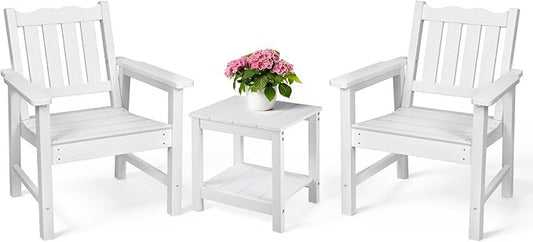 Stoog 3 Piece Patio Dining Sets, All-Weather Patio Chairs with Curved Backrest, Include 2 Garden Chairs and 1 Side Table, White