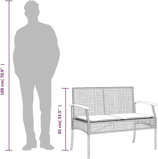 2-Seat Outdoor Garden Bench in Black-Brown Poly-Rattan, 42.5 x 22.4 x 33.5 in, Powder-Coated Steel Frame with Weather-Resistant Cushions for Patio, Porch, Balcony
