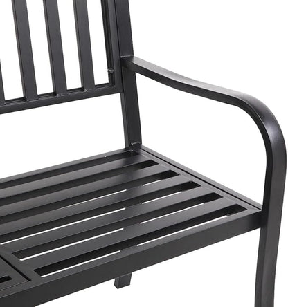 Metal Garden Bench with Pullout Middle Table Patio Seating Double Seat Steel Bench for Outdoor Patio Garden Backyard Weather-Resistant Frame-Black 2