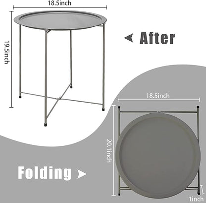 Garden 4 you Folding Tray Metal Side Table 2PC Grey Round End Table Cyan Sofa Small Accent Fold-able Table, Round End Table Tray, Next to Sofa Table, Snack Table for Living Room and Bed Room