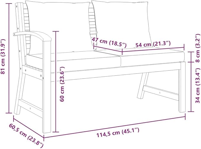 Solid Acacia Wood Garden Bench with Cream Polyester Cushions, Spacious Outdoor Seating for Patio and Balcony - Photo 3