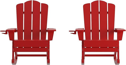 Flash Furniture Newport Adirondack Rocking Chairs with Cup Holder, Weather Resistant Poly Resin Adirondack Rocking Chairs, Set of 2, Red
