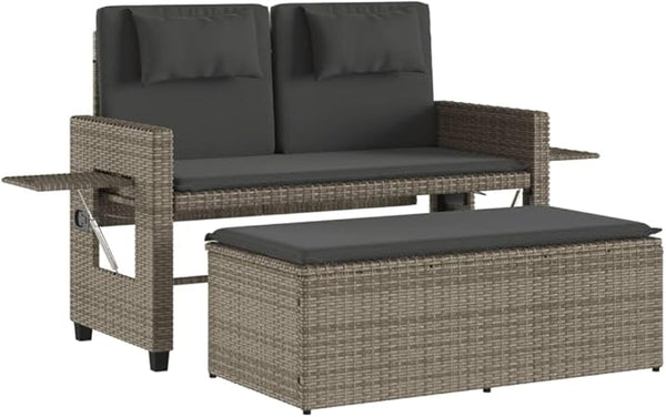 Reclining Patio Bench with Cushions Gray Poly Rattan Outdoor Bench Deck Bench Garden Bench Porch Bench for patios - Photo 1